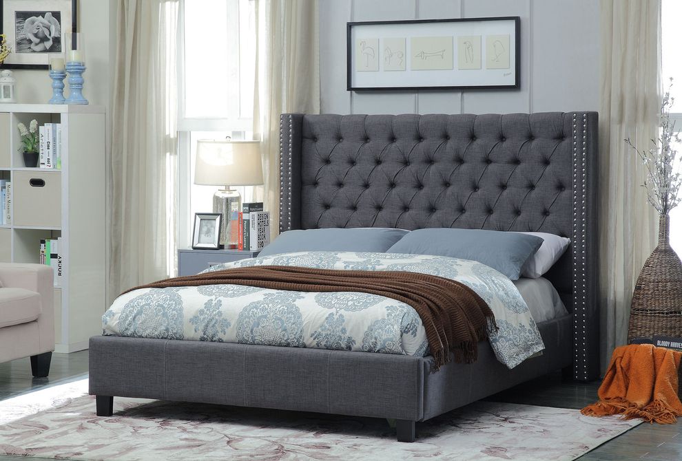 Linen gray fabric tufted headboard design bed by Meridian