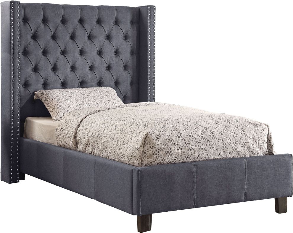 Linen gray fabric tufted headboard twin bed by Meridian