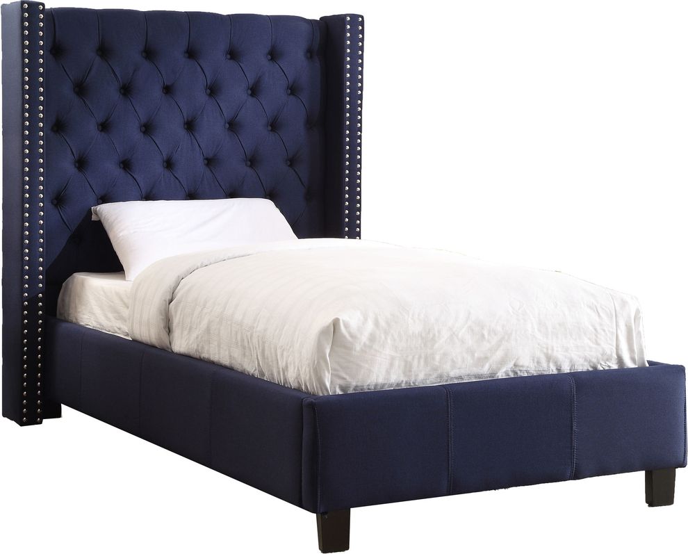 Linen navy fabric tufted headboard twin bed by Meridian