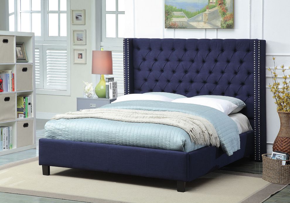Linen navy fabric tufted headboard design bed by Meridian