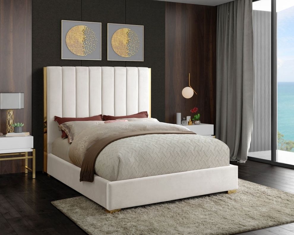 Gold frame/legs / cream velvet full size bed by Meridian