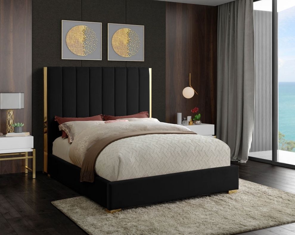 Gold frame/legs / black velvet king bed by Meridian