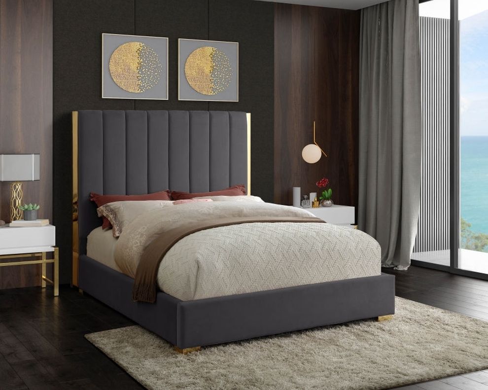 Gold frame/legs / gray velvet queen bed by Meridian