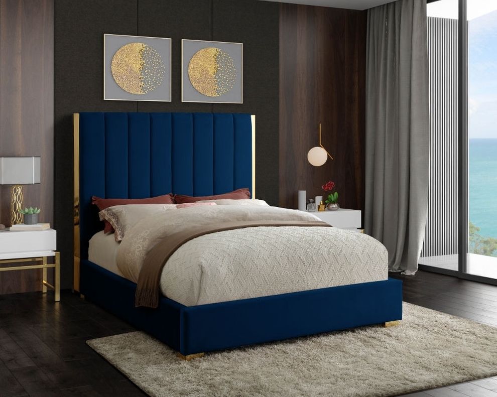 Gold frame/legs / navy blue velvet full bed by Meridian