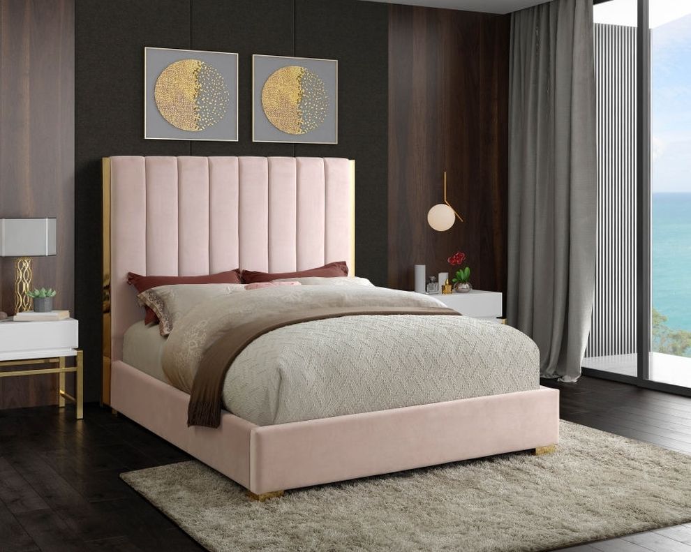Gold frame/legs / pink velvet queen bed by Meridian