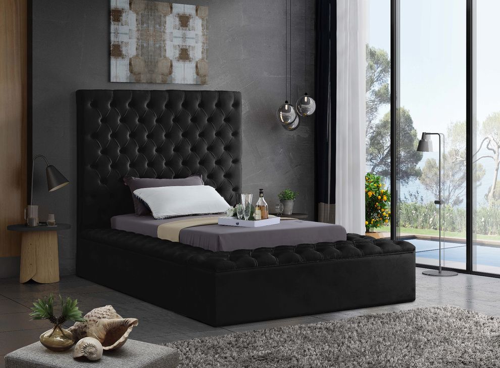 Black velvet tufted twin size bed w/ storage by Meridian