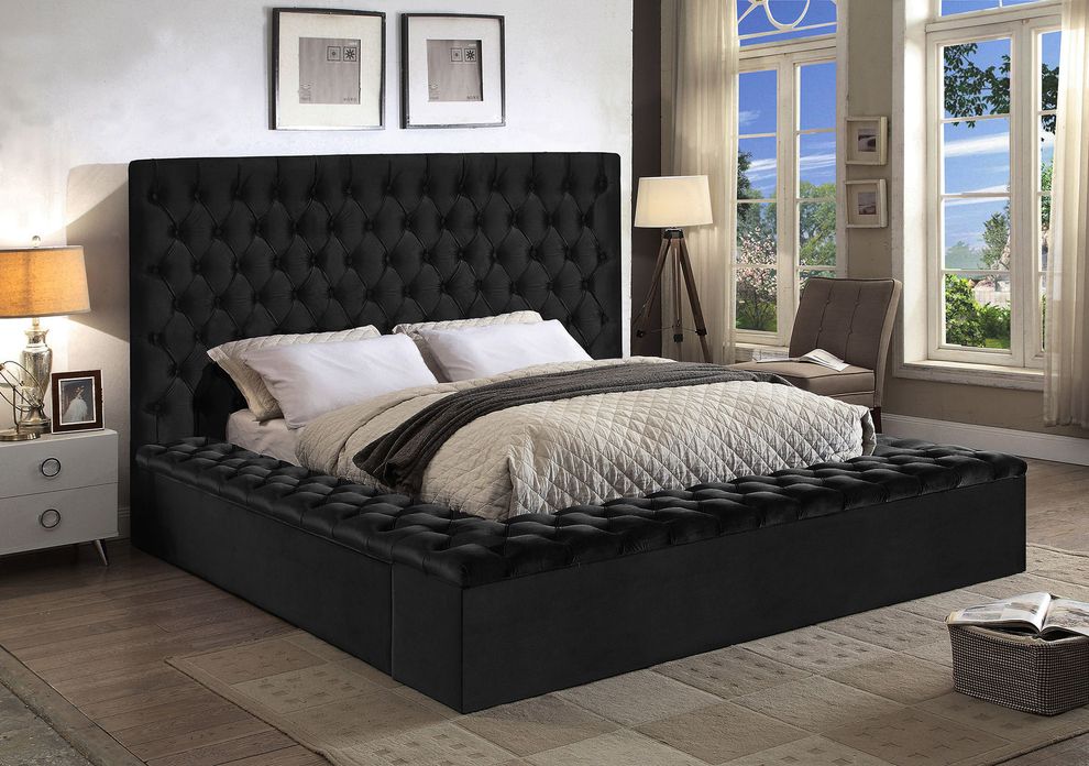 Black velvet tufted bed w/ storage by Meridian