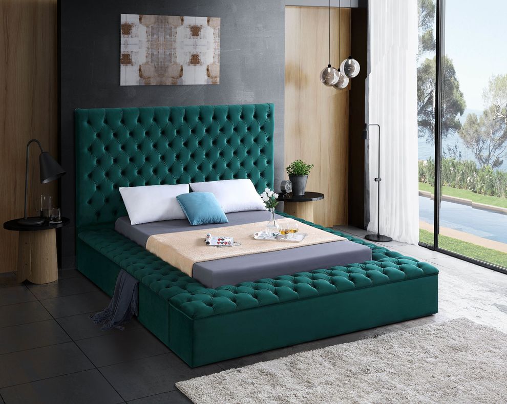 Green velvet tufted queen bed w/ storage by Meridian