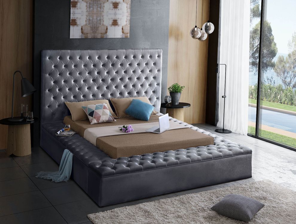 Gray velvet tufted full size bed w/ storage by Meridian