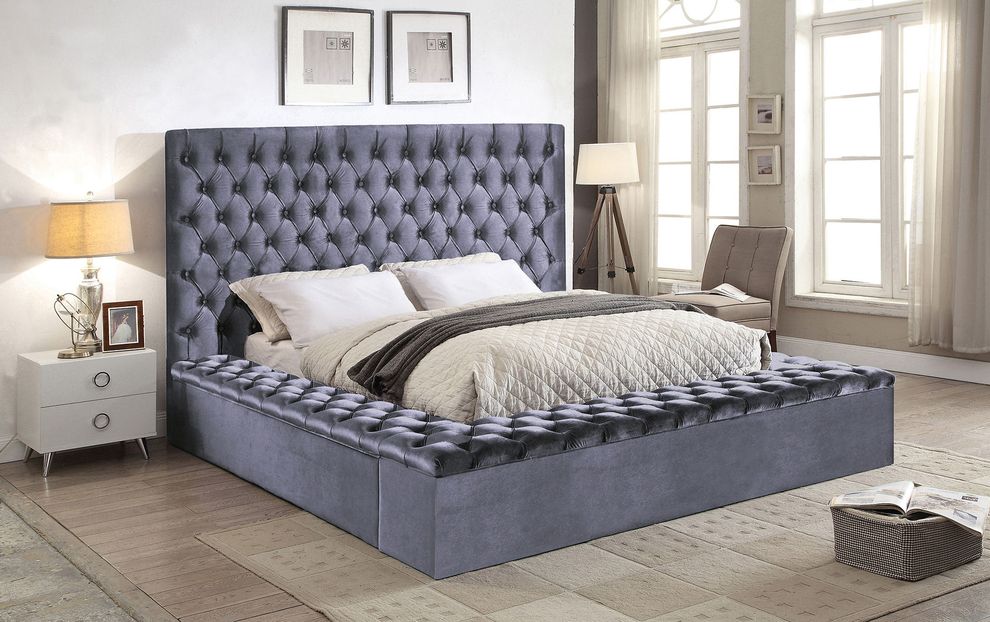 Gray velvet tufted bed in king size w/ storage by Meridian