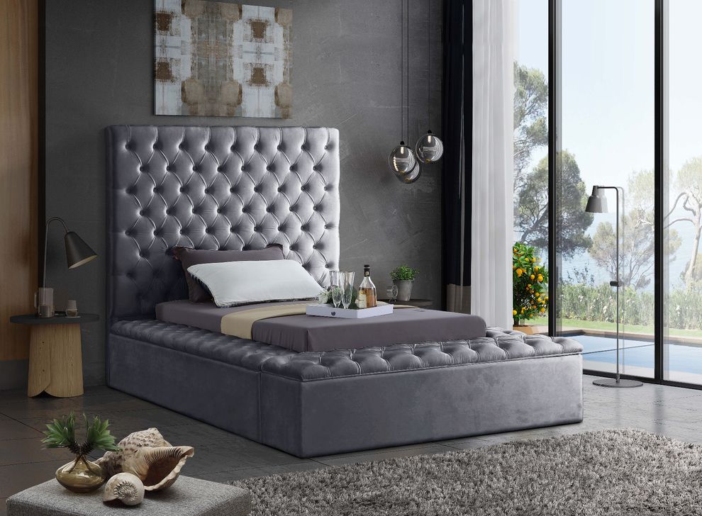 Gray velvet tufted twin size bed w/ storage by Meridian