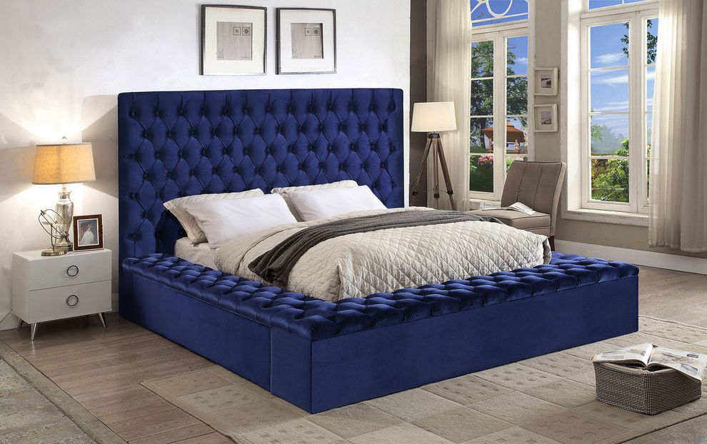 Navy velvet tufted bed w/ storage by Meridian