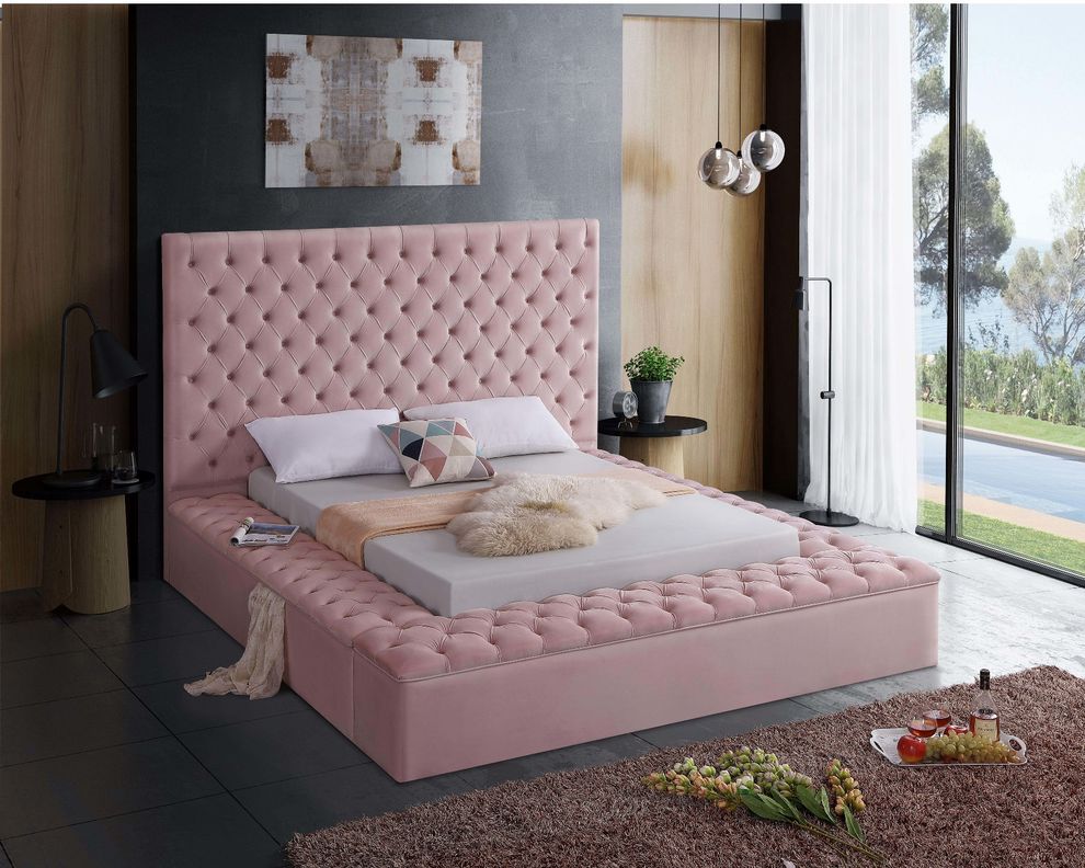 Pink velvet tufted king bed w/ storage by Meridian