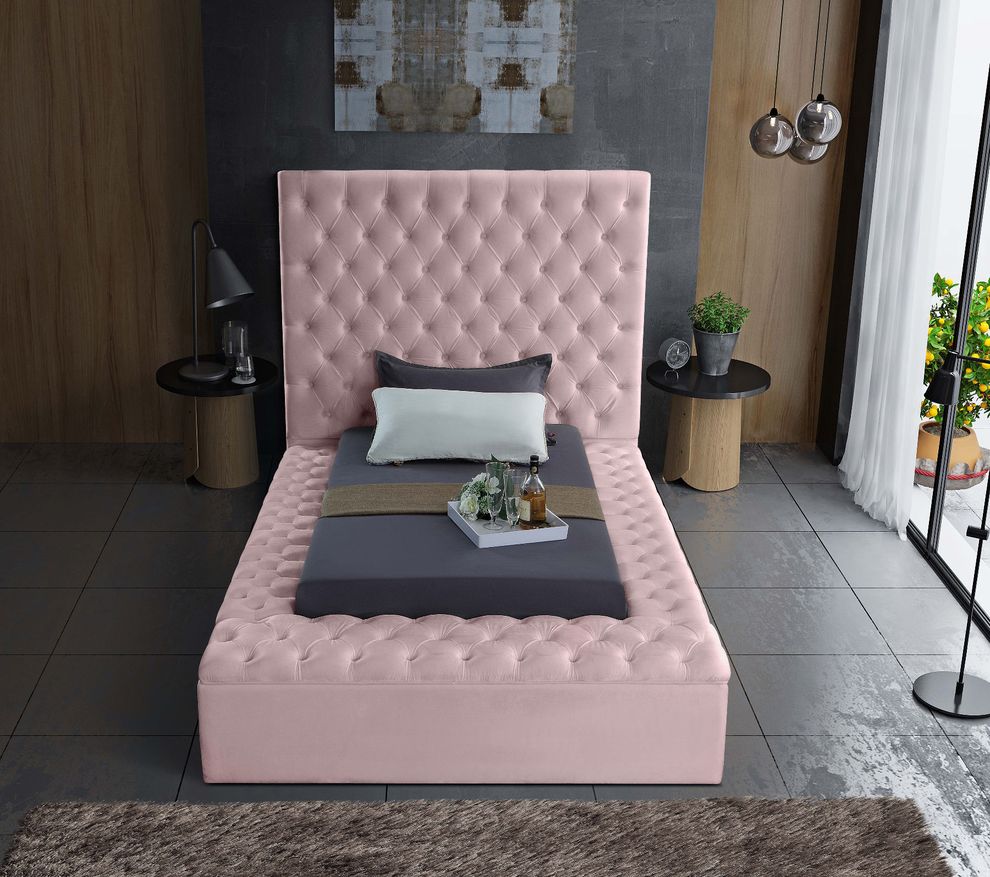 Pink velvet tufted twin bed w/ storage by Meridian