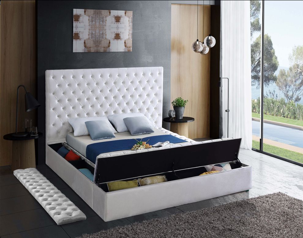 White velvet tufted full size bed w/ storage by Meridian
