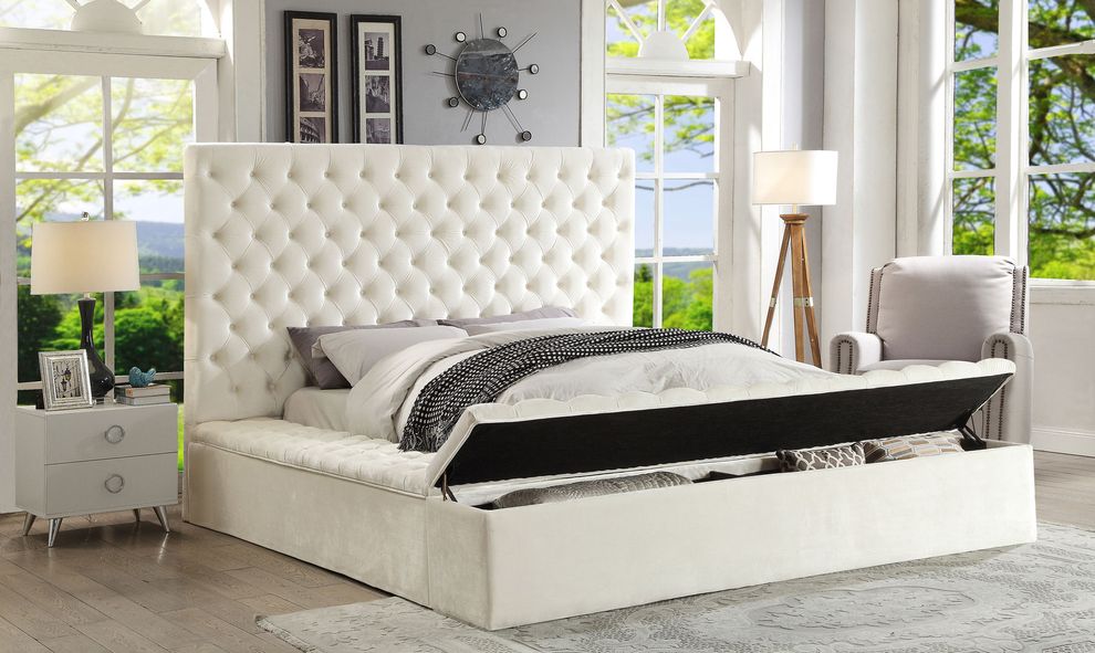 White velvet tufted king size bed w/ storage by Meridian