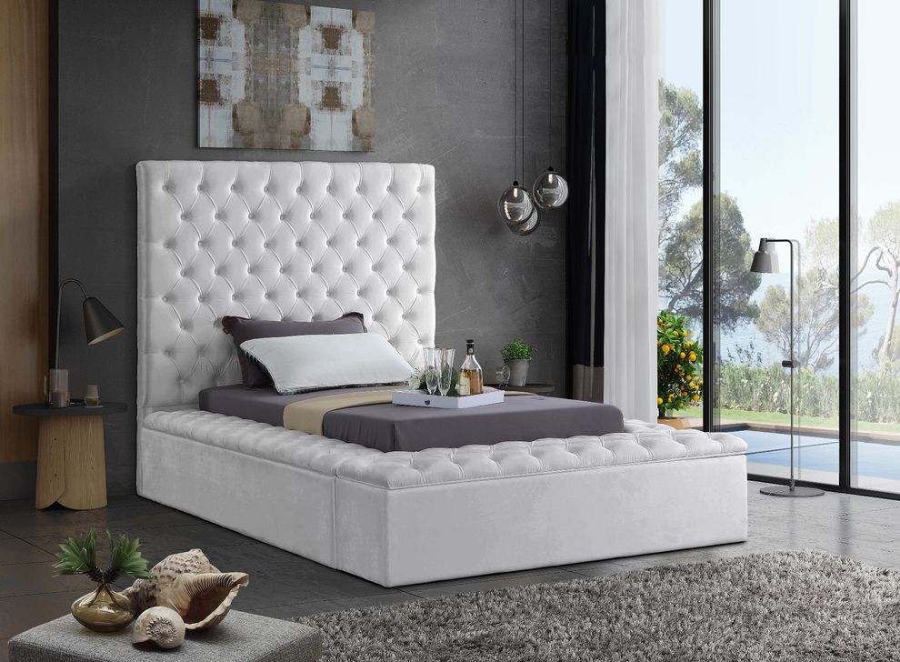 White velvet tufted twin bed w/ storage by Meridian