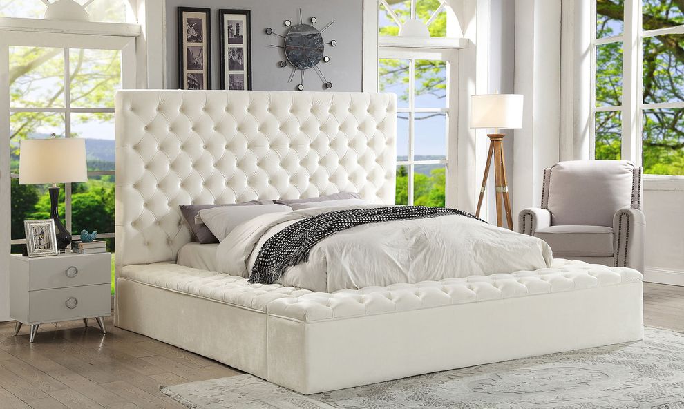 White velvet tufted bed w/ storage by Meridian