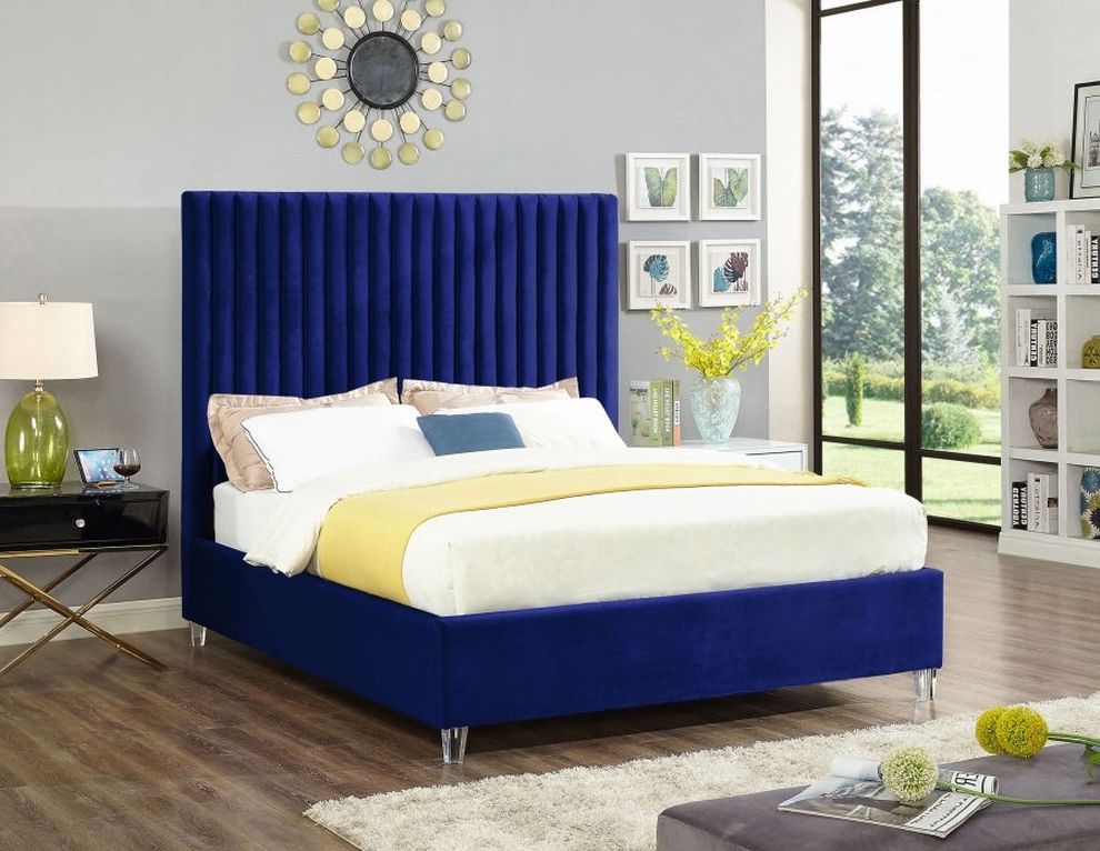Modern velvet fabric bed w/ platform by Meridian