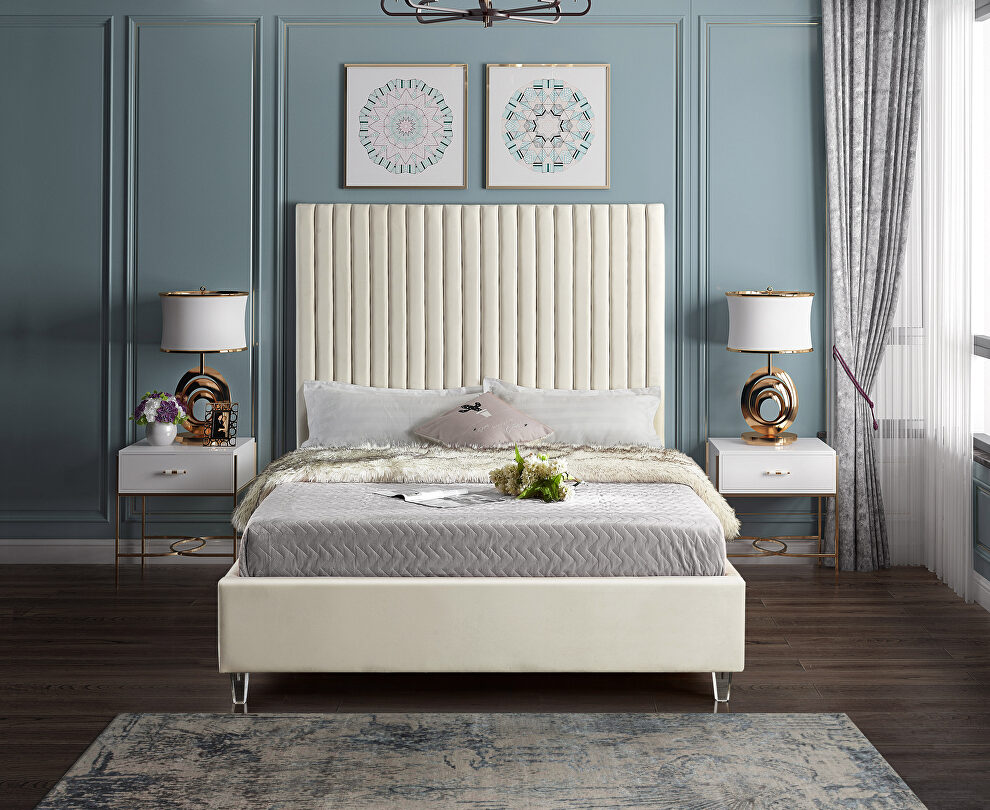 Modern cream velvet fabric king bed w/ platform by Meridian