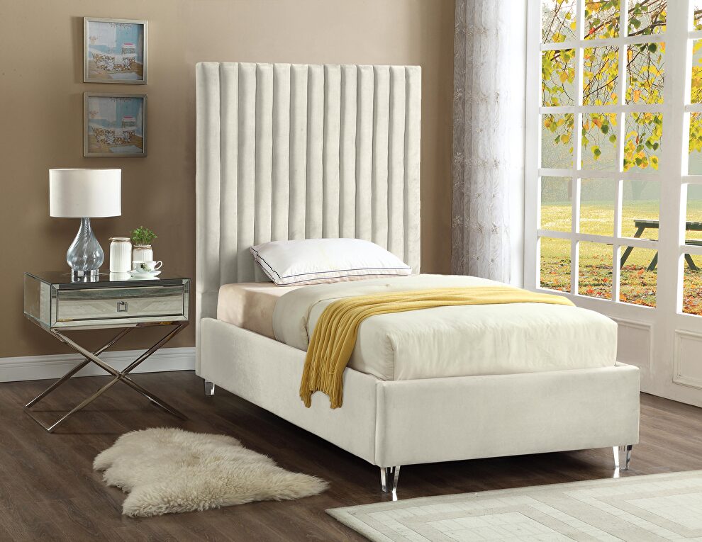 Modern cream velvet fabric twin bed w/ platform by Meridian