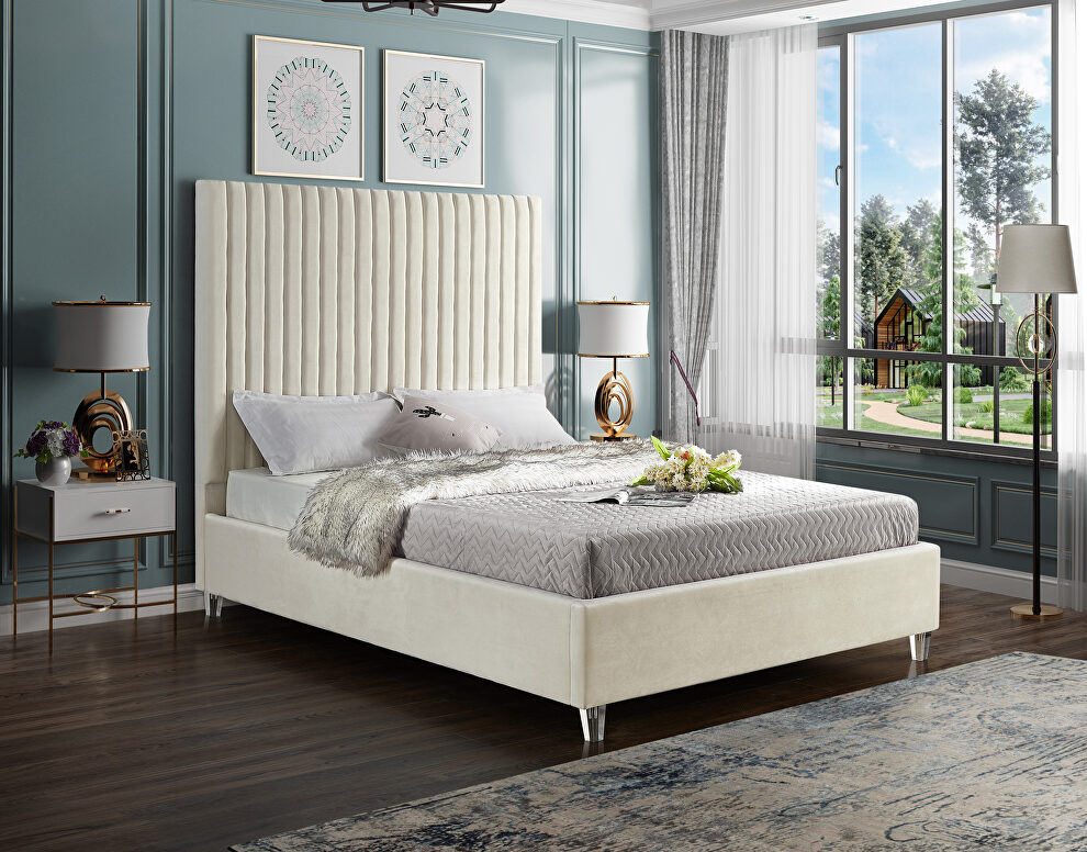 Modern cream velvet fabric bed w/ platform by Meridian