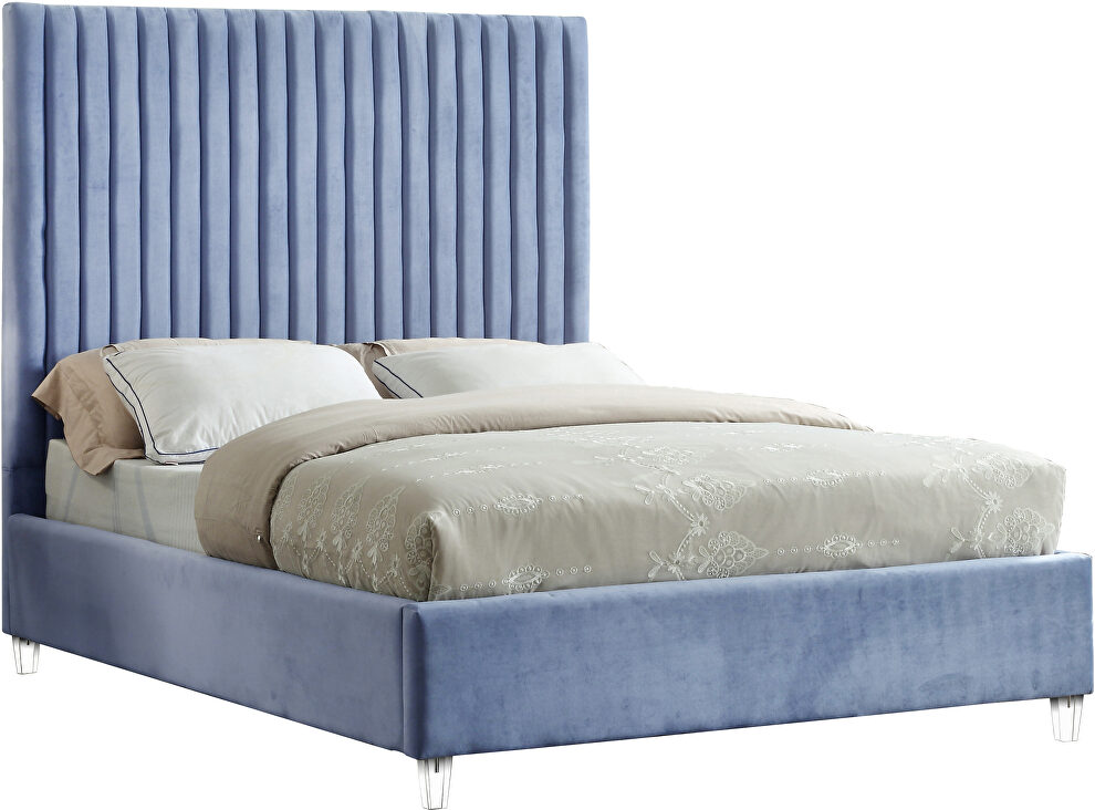 Modern sky blue velvet fabric full bed w/ platform by Meridian