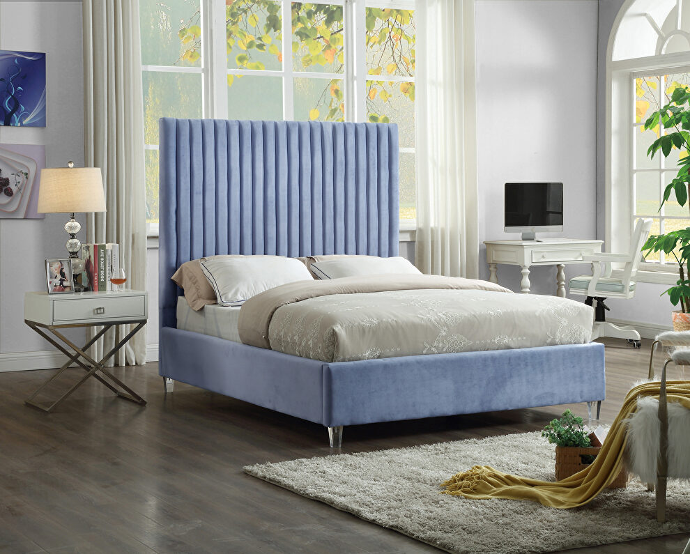 Modern sky blue velvet fabric bed w/ platform by Meridian