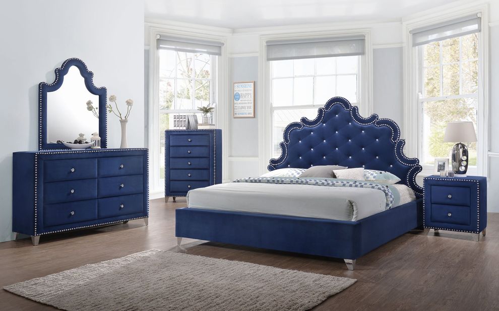 Tufted blue velvet modern king size bed by Meridian