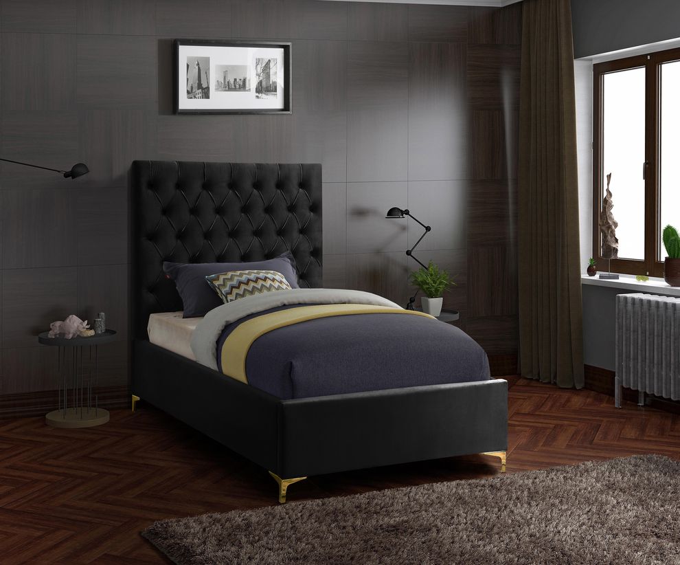 Black velvet tufted headboard twin bed by Meridian