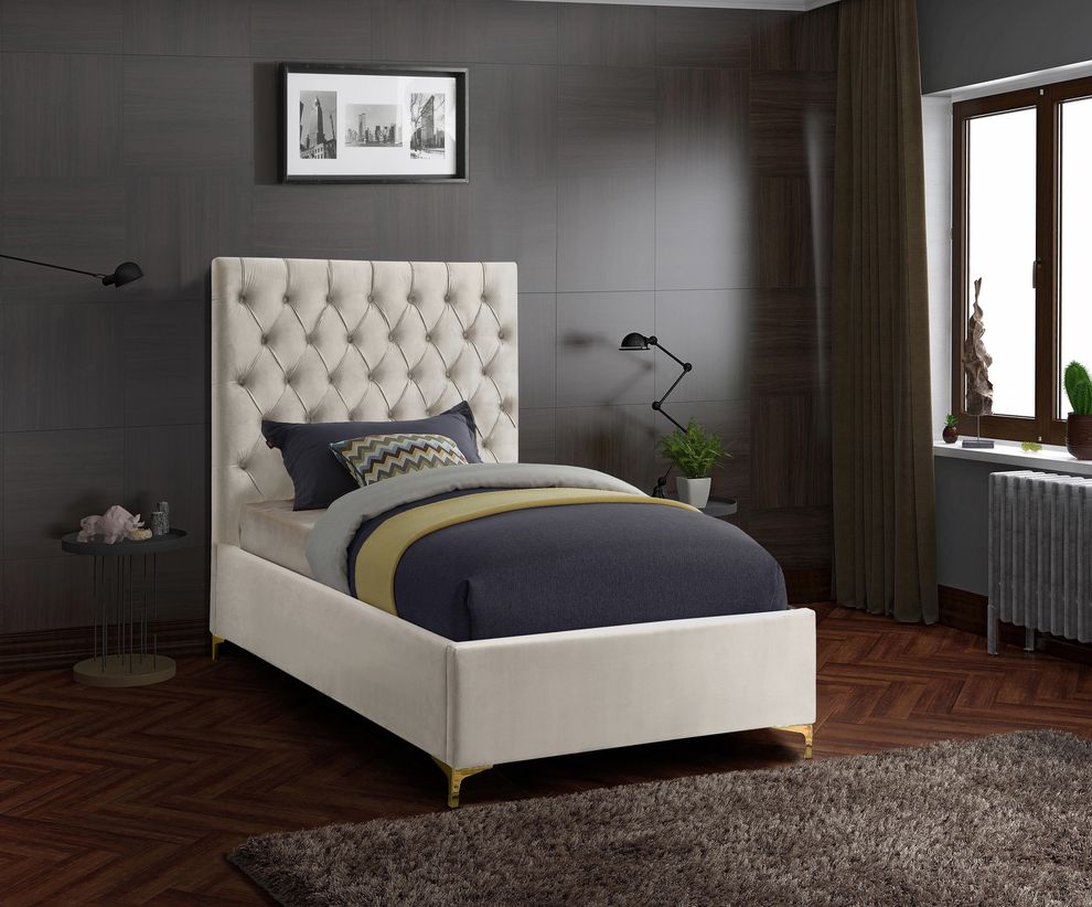 Cream velvet tufted headboard twin bed by Meridian