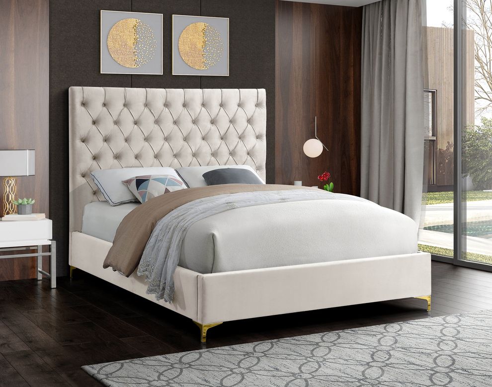 Cream velvet tufted headboard contemporary bed by Meridian
