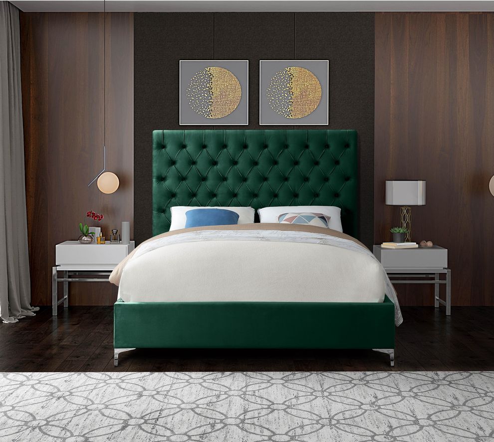 Green velvet tufted headboard king bed by Meridian