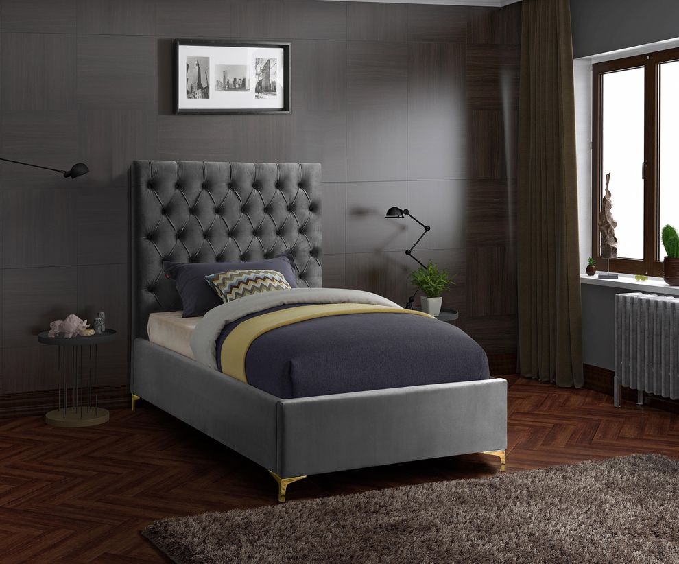 Gray velvet tufted headboard twin bed by Meridian