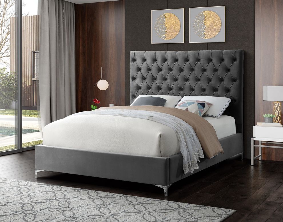 Gray velvet tufted headboard contemporary bed by Meridian