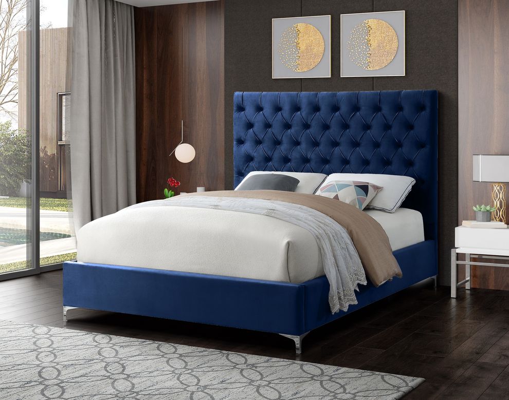 Navy velvet tufted headboard contemporary bed by Meridian