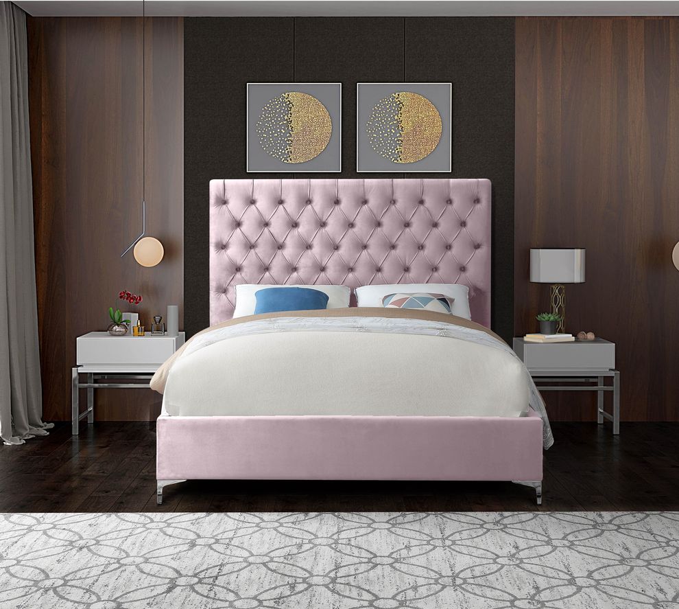 Pink velvet tufted headboard king bed by Meridian