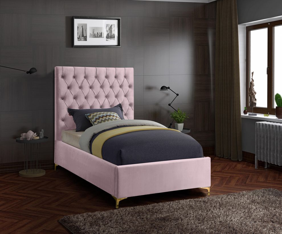 Pink velvet tufted headboard twin bed by Meridian