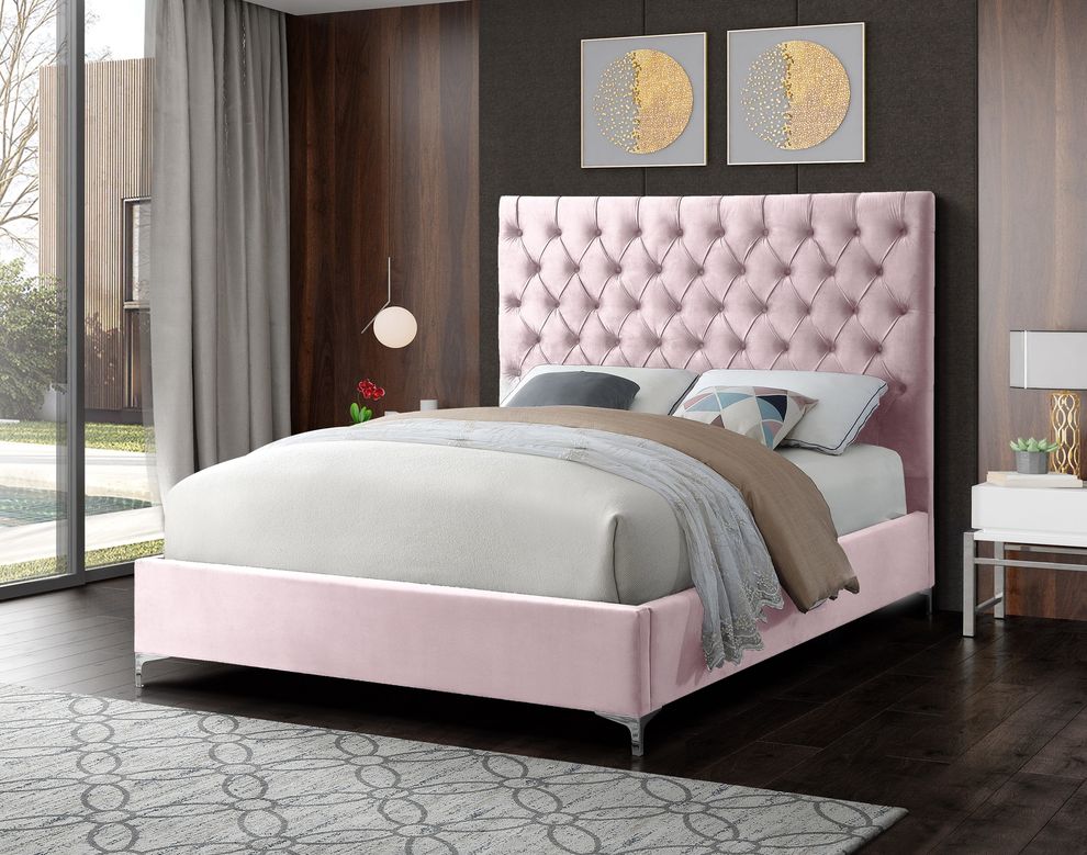 Pink velvet tufted headboard contemporary bed by Meridian