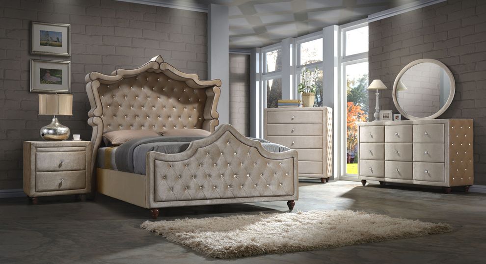 Unique beige fabric canopy tufted buttons bed by Meridian