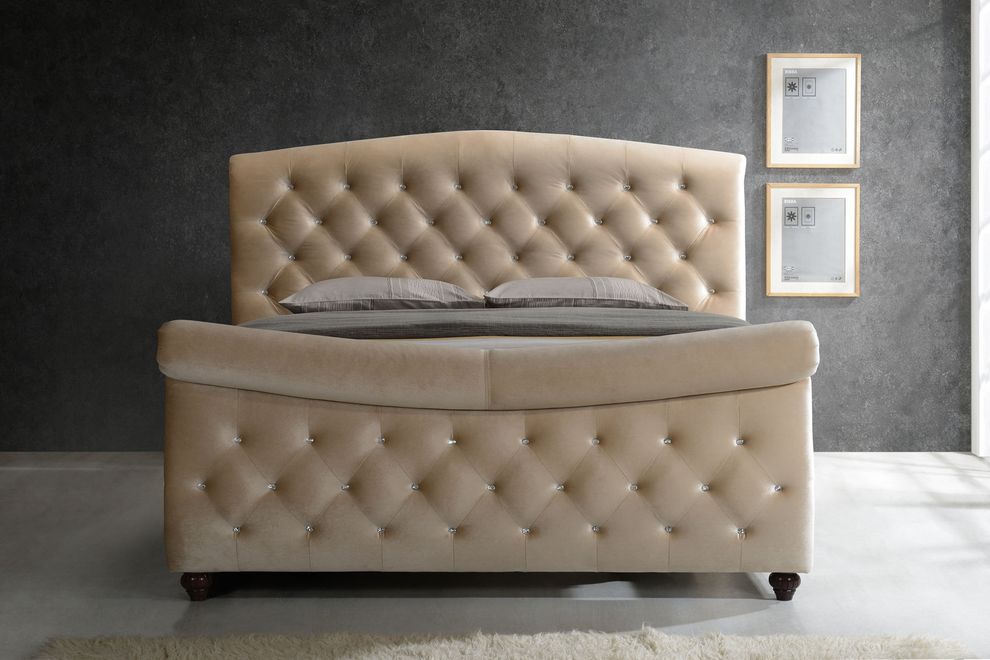 Beige fabric sleigh tufted buttons king bed by Meridian