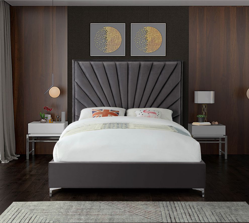 Gray velvet king size bed w/ metal legs by Meridian