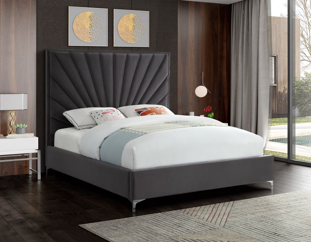 Gray velvet queen size bed w/ metal legs by Meridian