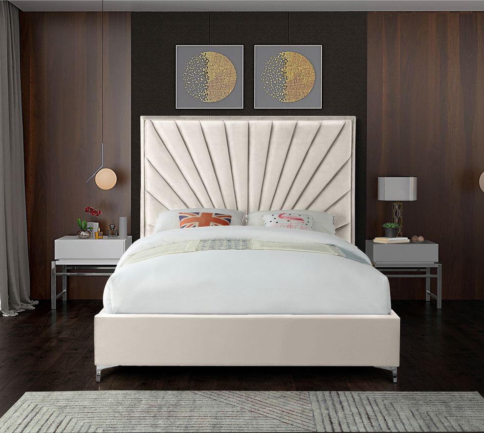Cream velvet king size bed w/ metal legs by Meridian
