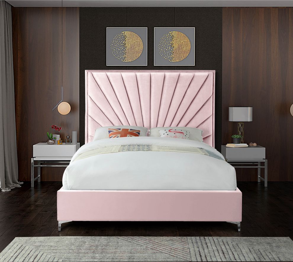 Pink velvet king size bed w/ metal legs by Meridian