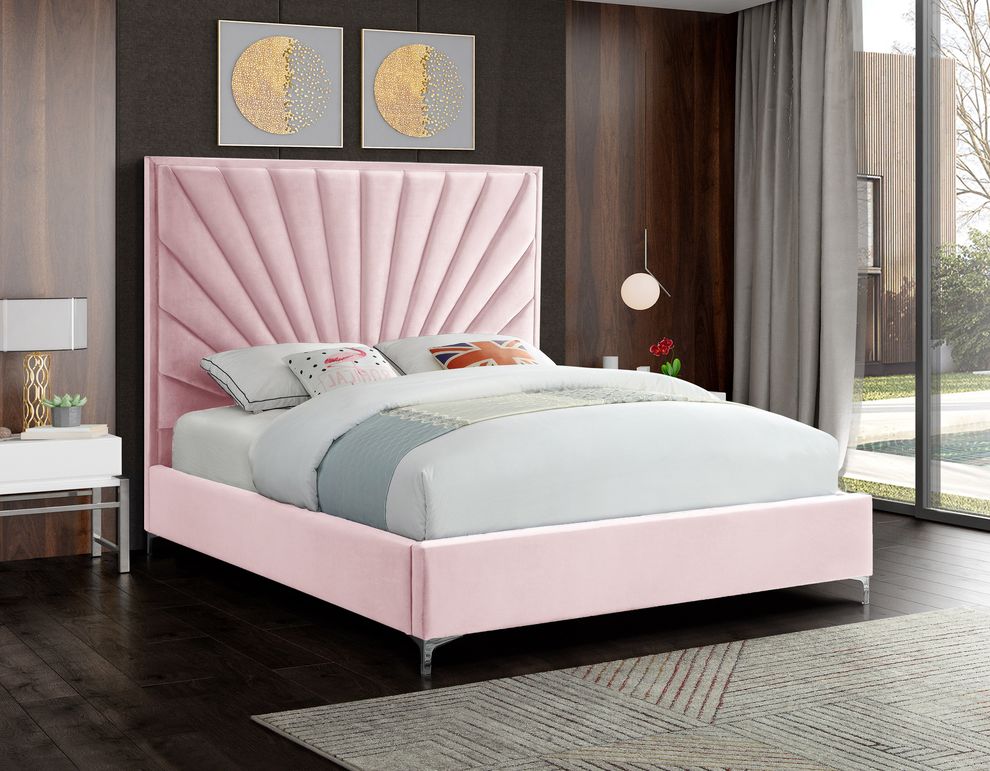 Pink velvet queen size bed w/ metal legs by Meridian