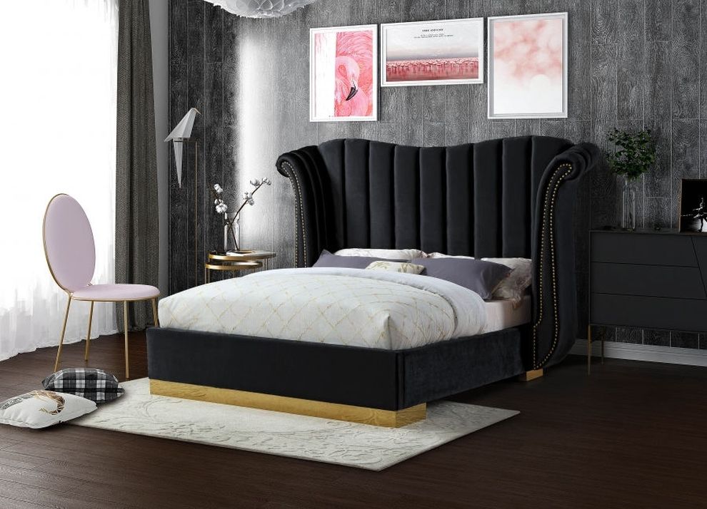 Wing design black velvet elegant platform king bed by Meridian