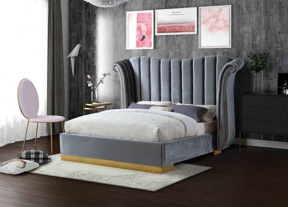Wing design gray velvet elegant platform king bed by Meridian