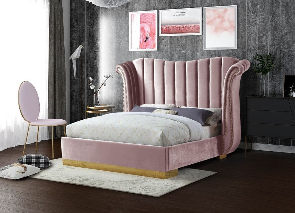 Wing design pink velvet elegant platform king bed by Meridian