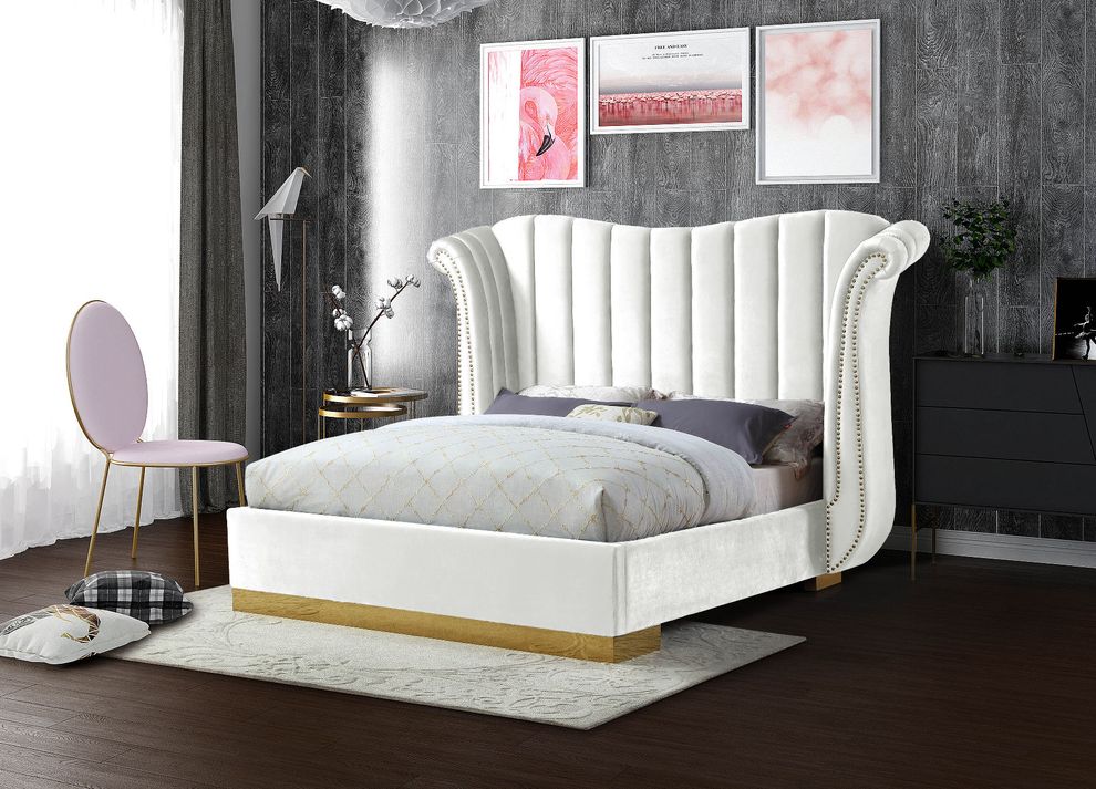 Wing design white velvet elegant platform bed by Meridian